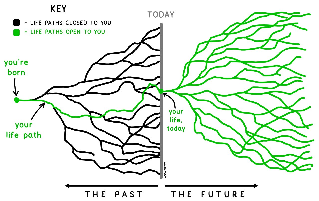 A hand-drawn chart split by a vertical line marked today. On the left, black lines labelled life paths closed to you branch out from a dot marked you're born, and one green line, your life path, winds through them to today. On the right, dozens of green lines labelled life paths open to you fan out from a dot marked your life, today.