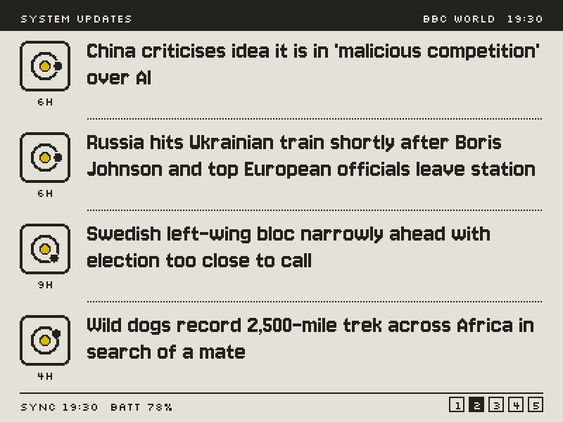 Mode 2, System Updates: four headlines, each with a placard showing its age