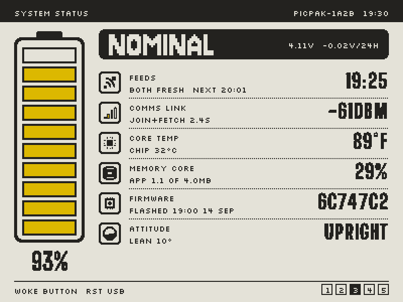 Mode 3, System Status: battery gauge and readouts for feeds, Wi-Fi, chip temperature, storage, firmware and attitude