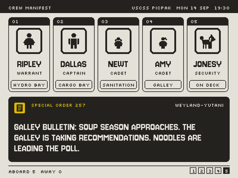 Mode 5, Crew Manifest: five crew cards with status, and the day's Special Order
