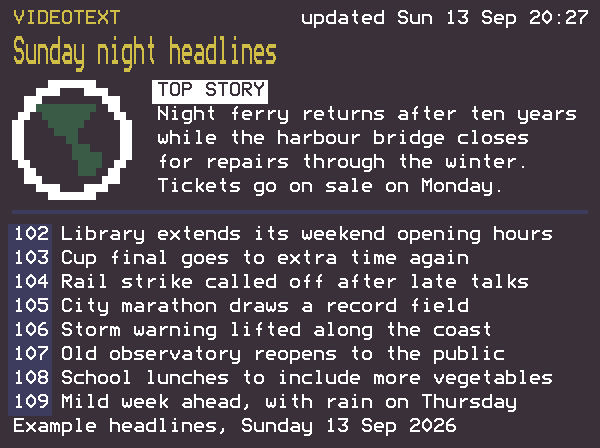 A videotext screen titled Sunday night headlines, with a block-character globe beside the top story and eight numbered headlines